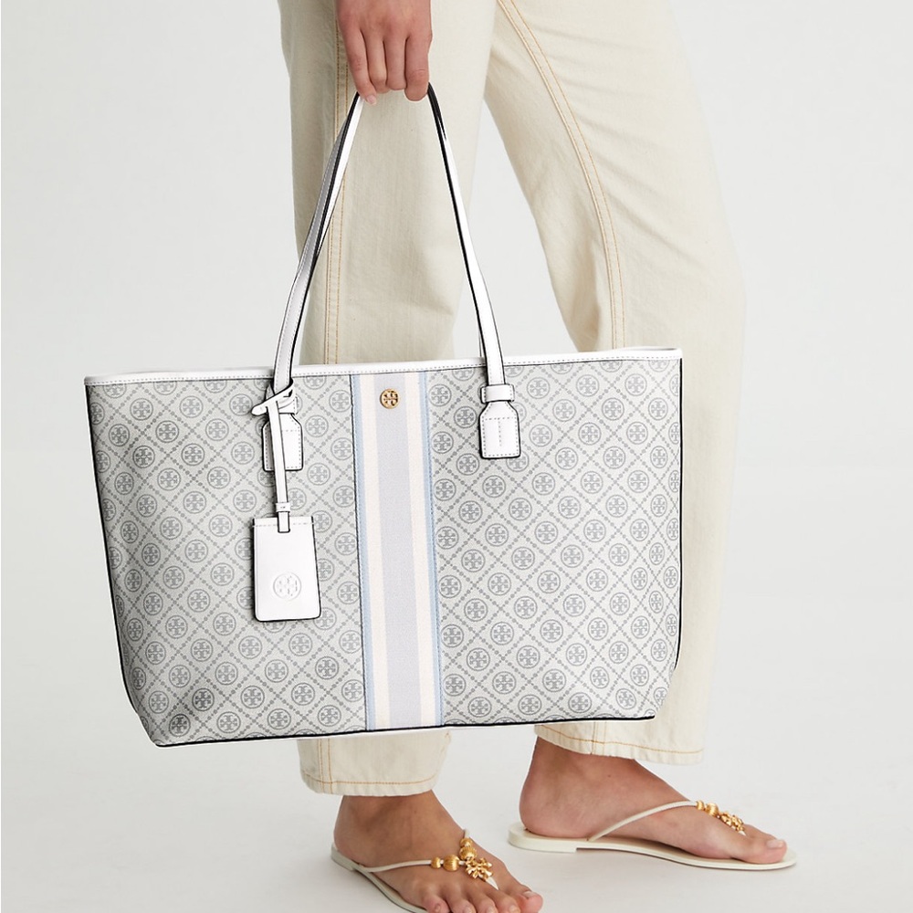 Tory Burch NWT White and blue large tote logo coated canvas